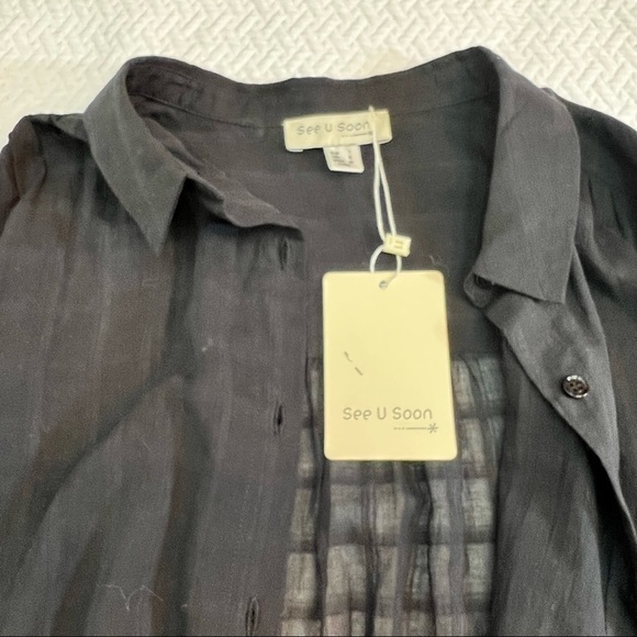 𝅺NWT Anthropologie See U Soon Button Up Windowpane Semi-Sheer Black Blous… - Picture 8 of 11
